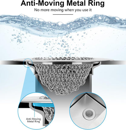 Upgraded Sink Drain Strainer, Patented Reversible Chain Mail Mesh | Anti-Slip Ring, Fast Drainage, Reversible Flip Clean, Rust-Proof, Universal 4.4-Inch, Large Capacity, Garbage Disposal Fit
