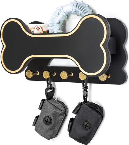 MTERSN Dog Leash Holder for Wall with Key Hooks for Dog Gear Storage, Brown | 3D Puppy Paw Hooks, Doggie Bone Shape, Key Rack with 5 Hooks, Wall Shelf for Treats & Dog Food, Ideal for Wall Decor