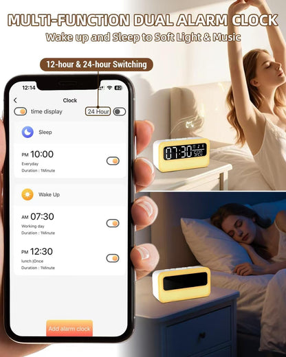 4-in-1 Night Light for Kids Adults, White Noise Sound Machine with 24 Soothing Sounds Portable Rechargeable Adjustable Brightness Light, Bluetooth Speaker Time Display, App Control