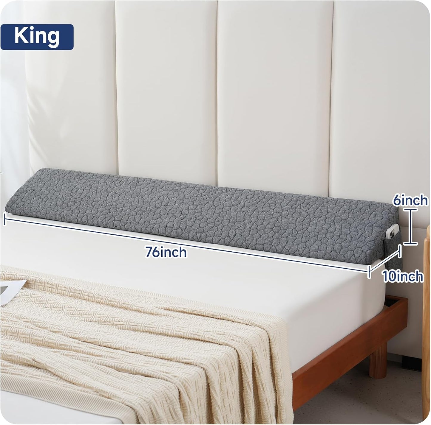 Patented Bed Wedge Pillow for Headboard Gap, Filler Between Mattress Gaps (0-7"), Comfortable Supportive High Density Cushioned Foam Pillows, Stay in Place Gripping Dots, King Soft Gray (76"x10"x6")