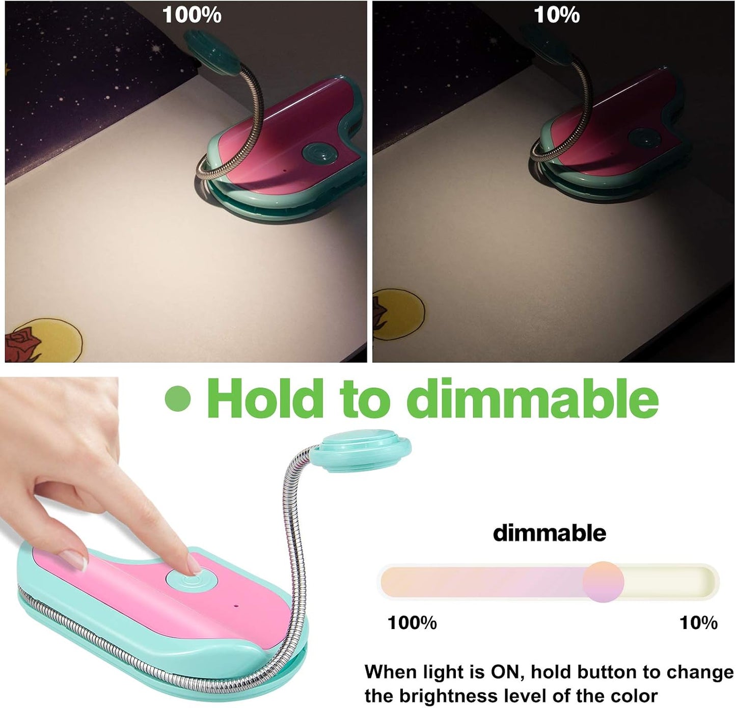 BIGMONAT Rechargeable Book Reading Light in Bed,Dimmable Warm/White Book Light for Kids,Multi Colors Portable LED Reading Lamp with Rotary Light Neck,Wireless Clip on Reading Light for Student(Green)