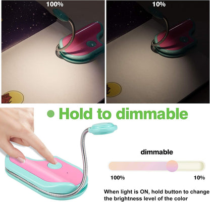 BIGMONAT Rechargeable Book Reading Light in Bed,Dimmable Warm/White Book Light for Kids,Multi Colors Portable LED Reading Lamp with Rotary Light Neck,Wireless Clip on Reading Light for Student(Green)
