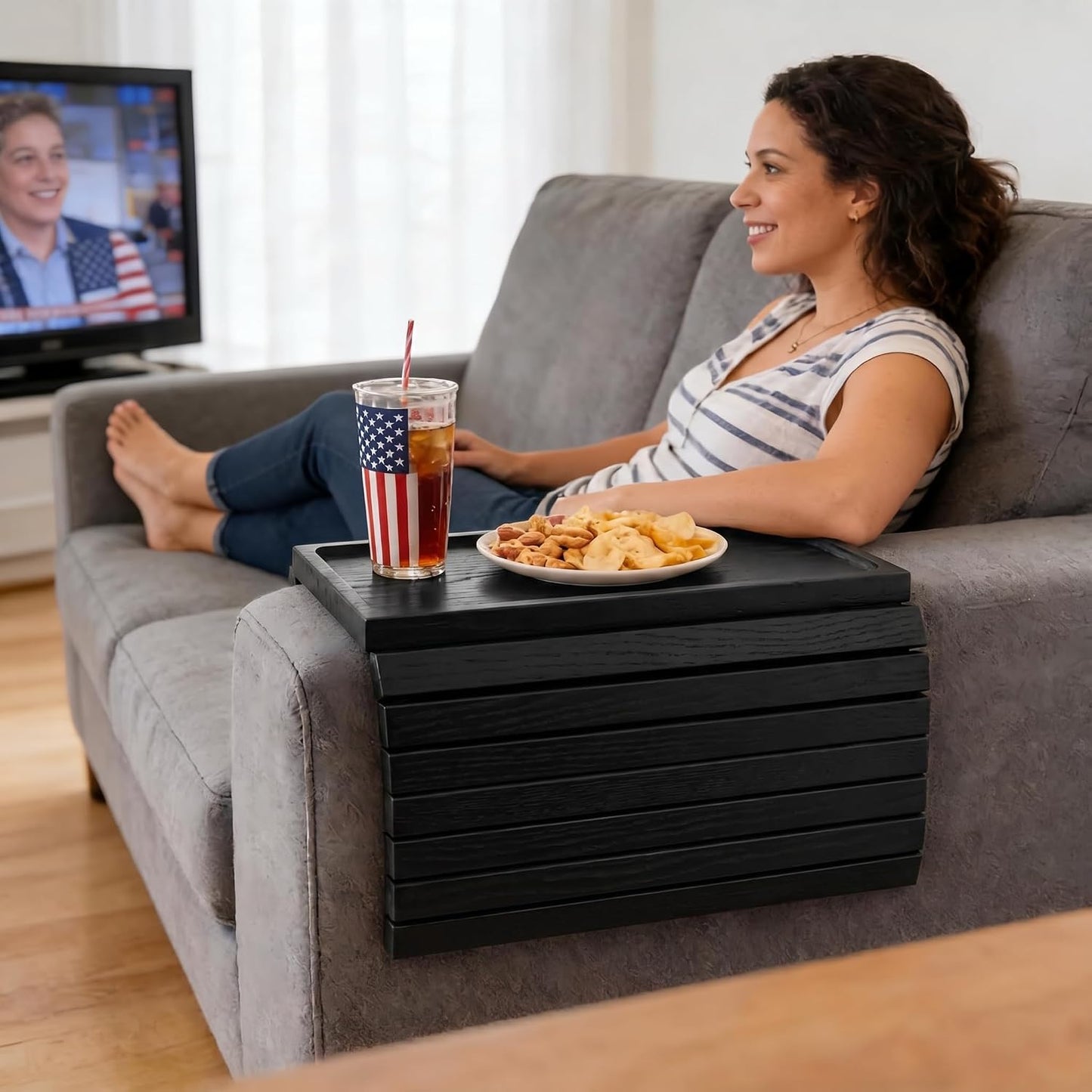 Acacia Wood Couch Armrest Table, Couch Arm Tray, Foldable Anti-Slip Wood Couch Tray, Sofa Cup Holder for Drink Snacks Remote Control