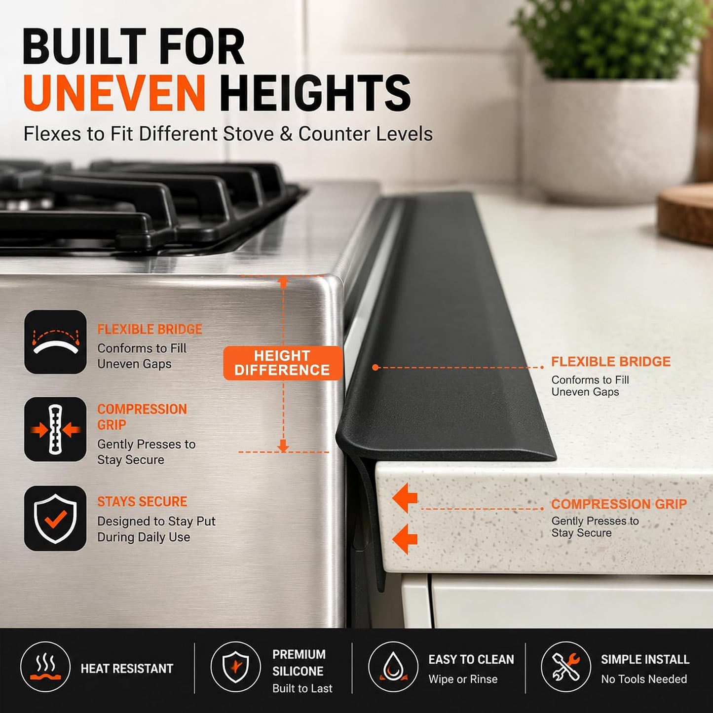 Silicone Stove Counter Gap Cover - 25 Inch Gap Filler 2 Pack Black | Long gap filler seals spills between kitchen appliances Stovetop oven countertop; stove gap cover, gas stove side gap covers