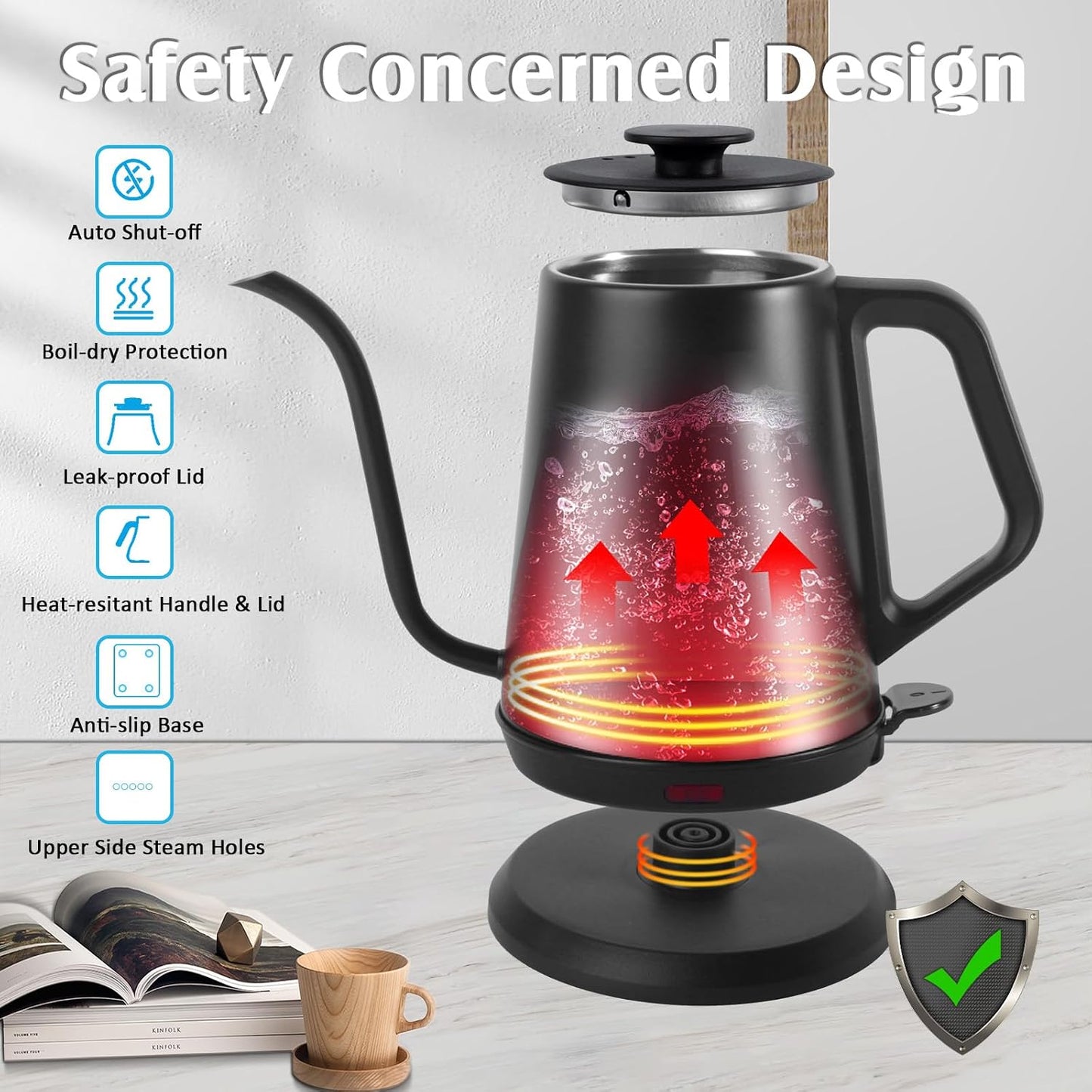 Gooseneck Electric Kettle,Ulcreigo Electric Kettle Temperature Control Tea Kettles for Boiling Water with 5 Variable Presets,Hot Water Boiler Heater for Coffee,304 Stainless Steel Black Color