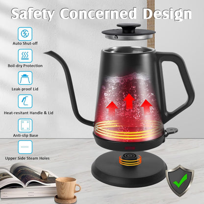 Gooseneck Electric Kettle,Ulcreigo Electric Kettle Temperature Control Tea Kettles for Boiling Water with 5 Variable Presets,Hot Water Boiler Heater for Coffee,304 Stainless Steel Black Color