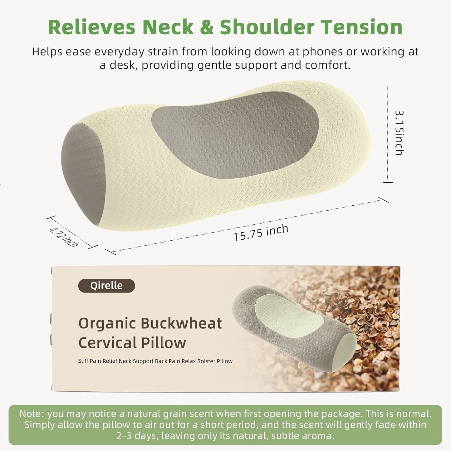 Organic Buckwheat Cervical Neck Pillow, Adjustable Neck Roll for Sleeping, Ergonomic Neck Support Bolster for Side & Back Sleepers, Firm Support Pillow for Neck Pain Relief & Spine Alignment