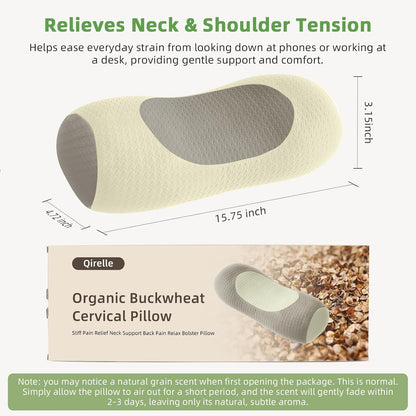 Organic Buckwheat Cervical Neck Pillow, Adjustable Neck Roll for Sleeping, Ergonomic Neck Support Bolster for Side & Back Sleepers, Firm Support Pillow for Neck Pain Relief & Spine Alignment