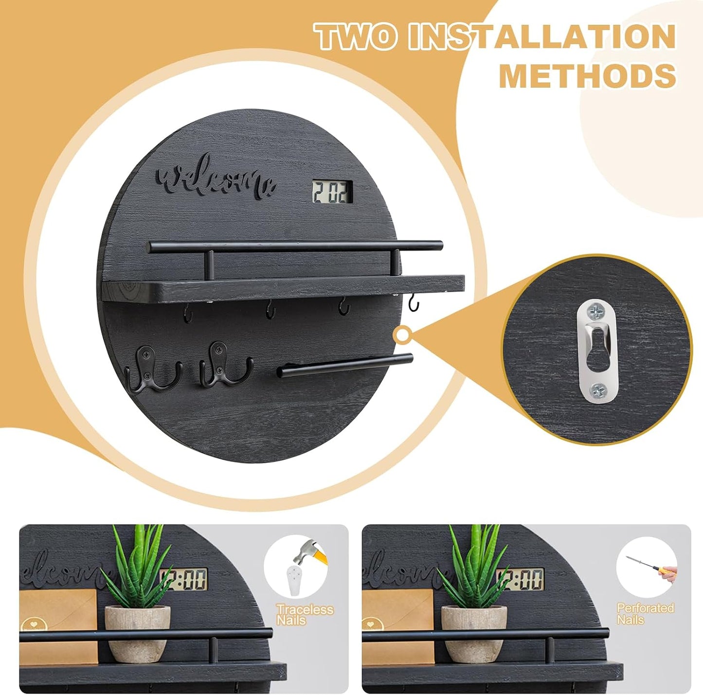 Key Holder for Wall, Key and Mail Holder Organizer with - Key Holder Wall Mount - Round Wooden Rustic Home Decor for Entryway, Mudroom, Hallway, Kitchen Office (Black)