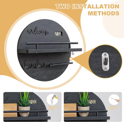 Key Holder for Wall, Key and Mail Holder Organizer with - Key Holder Wall Mount - Round Wooden Rustic Home Decor for Entryway, Mudroom, Hallway, Kitchen Office (Black)