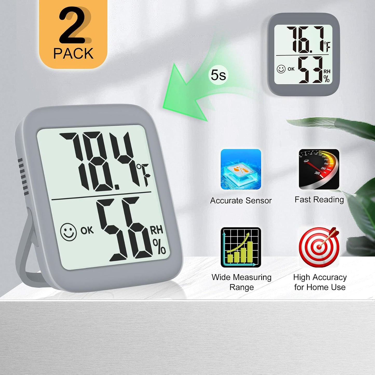 2 Pack Room Thermometer Indoor Hygrometer | Monitor Temperature & Humidity, Accurate, Fast Read, Easy To View, Magnetic/Kickstand/Hanging, ℉/℃, w/ Battery, Compact