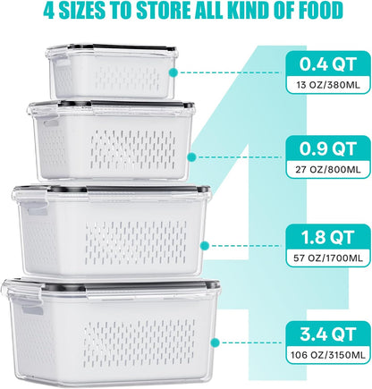 HOMETALL 4 Pack Fruit Storage Containers for Fridge Set, Produce Containers for Fridge with Strainer, Plastic Reusable Fridge Organizers and Storage for Berry Salad Lettuce, Size 3.4, 1.8, 0.9, 0.4QT