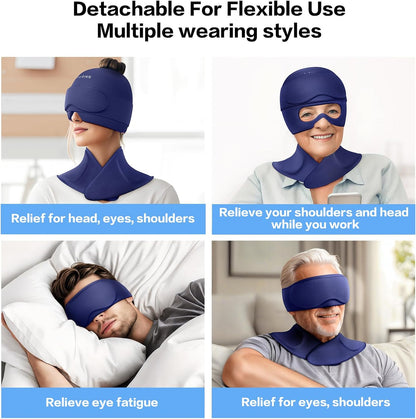 3 in 1 Migraine Relief Cap Neck Ice Pack Wrap Gel and Ice Eye Masks, Detachable Ice Caps with Eyes Masks, Hot and Cold Therapy for Relief of Headaches, Stiff Neck and Eye Fatigue (Purple)