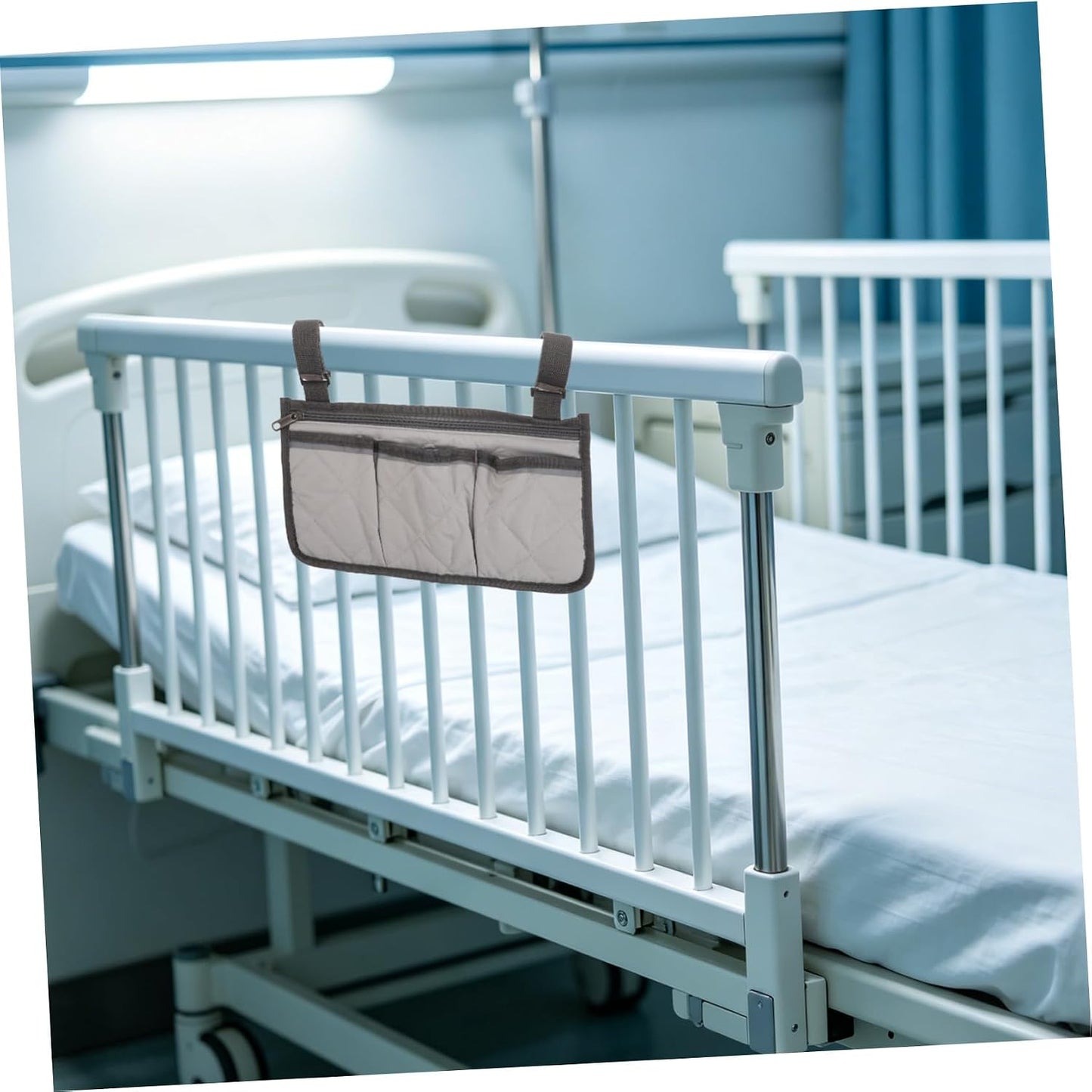Bedside Rail Organizer Bag with 4 Pockets, Cup Holder, and Zipper Phone Pouch, Universal Multi-use Storage Caddy for Senior Safety and Mobility Assistance on Hospital or Dorm Beds