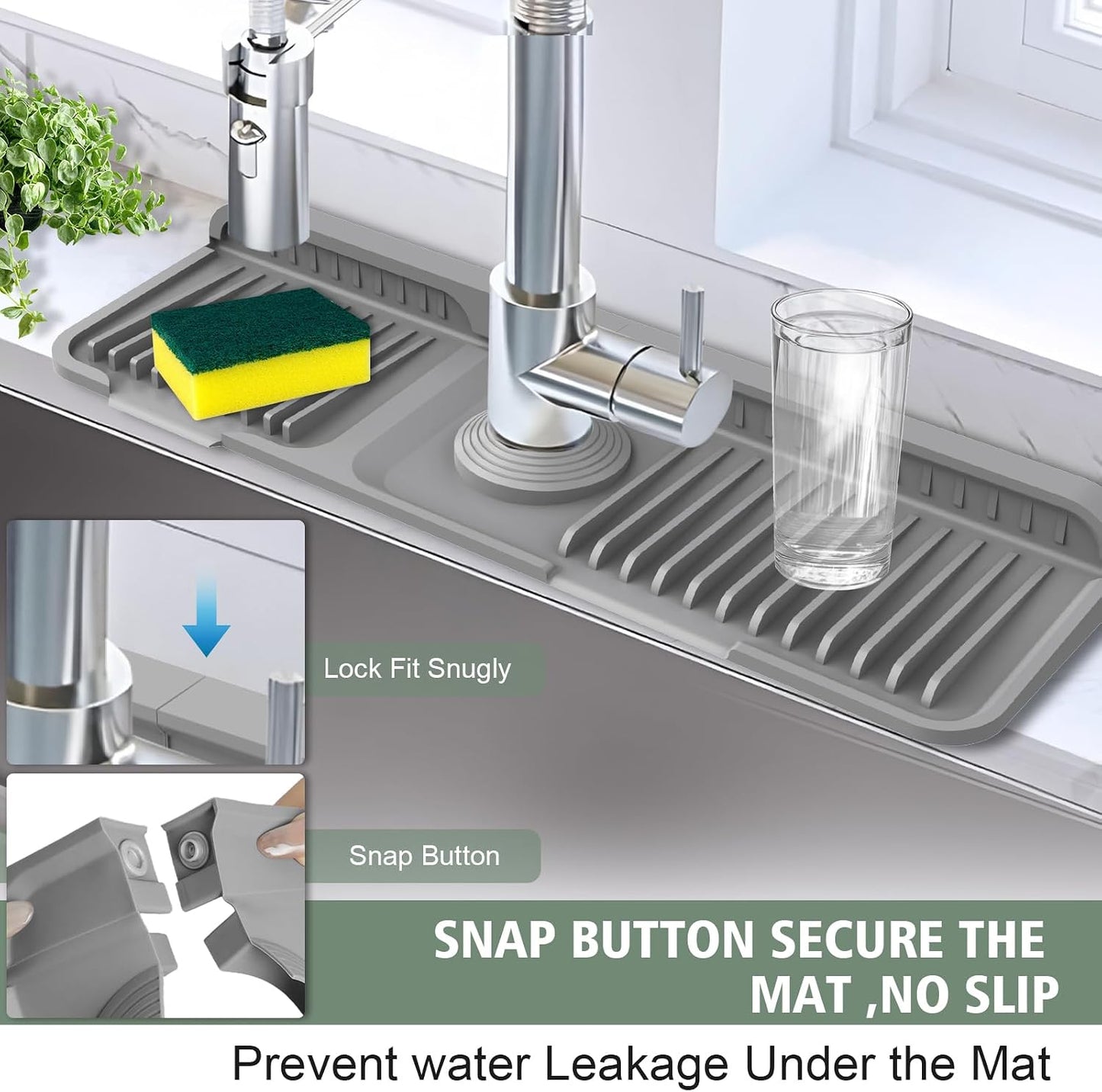 17.7-Inch Kitchen Sink Splash Guard Mat | 7° Slope for Fast Self-Draining | Snap-Lock Design | Universal & Cuttable Silicone Faucet Mat Gray