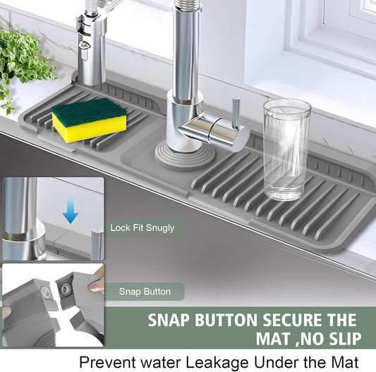 17.7-Inch Kitchen Sink Splash Guard Mat | 7° Slope for Fast Self-Draining | Snap-Lock Design | Universal & Cuttable Silicone Faucet Mat Gray