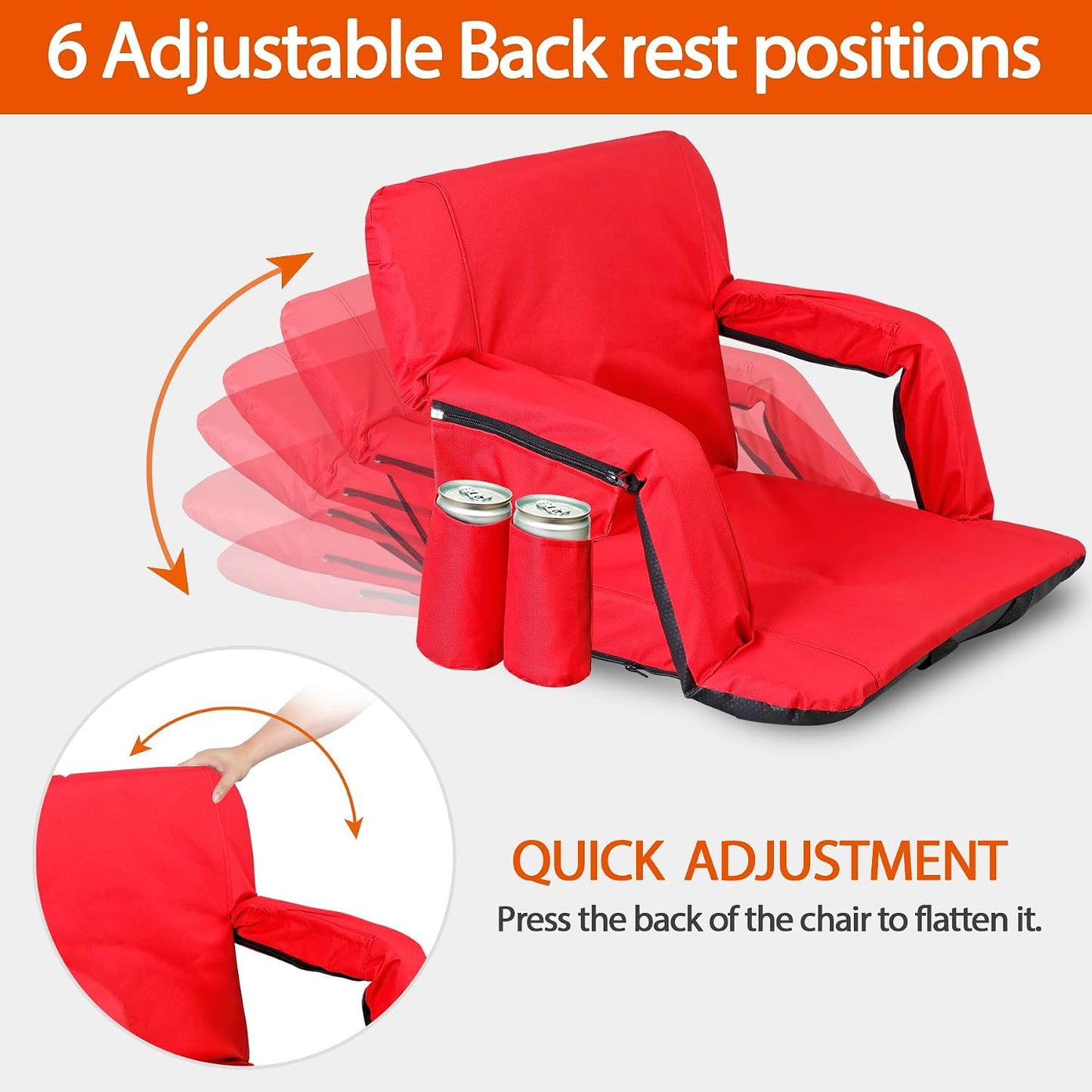 LEMY 20.5"/ 25" Wide Adjustable Stadium Seat for Bleachers Portable Water Resistant Stadium Chair with Back/Arms/Cushion for Outdoor or Indoor