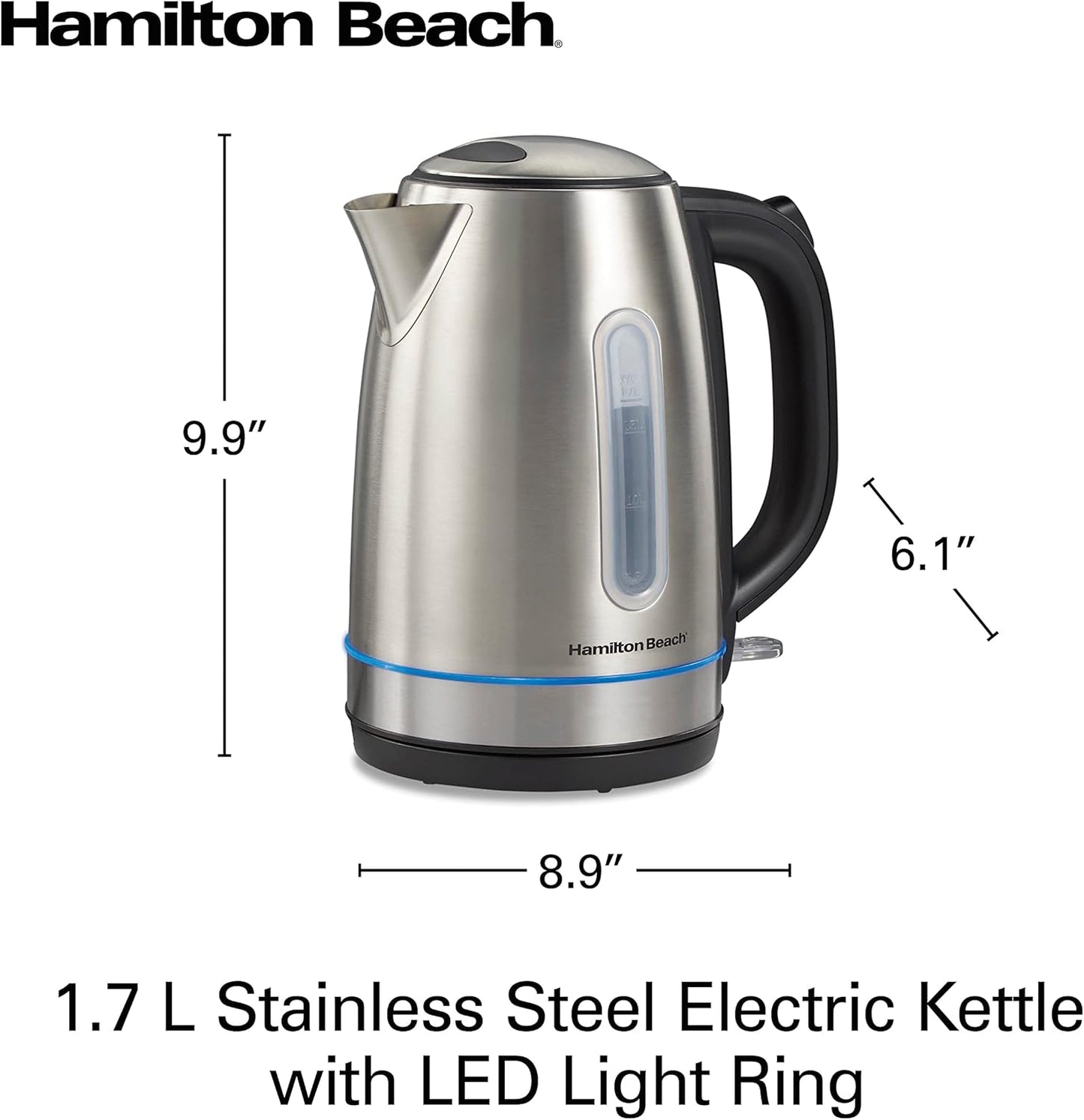 Hamilton Beach 1.7 Liter Electric Tea Kettle, Water Boiler & Heater | Fast Boiling 1500 Watts | BPA Free | Cordless Serving | Auto-Shutoff & Boil-Dry Protection | LED Light Ring | Stainless Steel