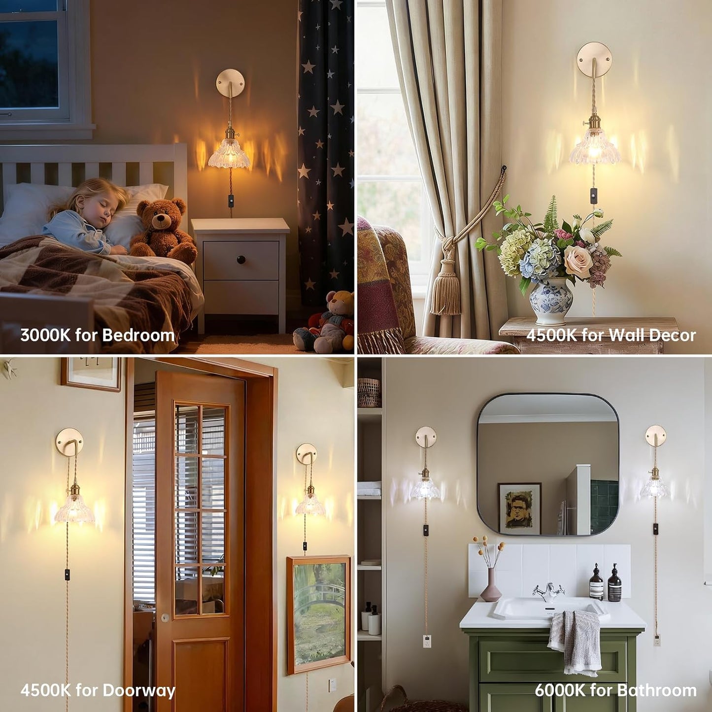 Shenmoyl Battery Operated Wall Sconce Wall Lamp with Green Lily of the Valley Shade Pattern Glass Adjustable Chain Retro Gold Wall Mounted Light, Modern Wall Lamp Fixtures Decor for Bedside Bedroom