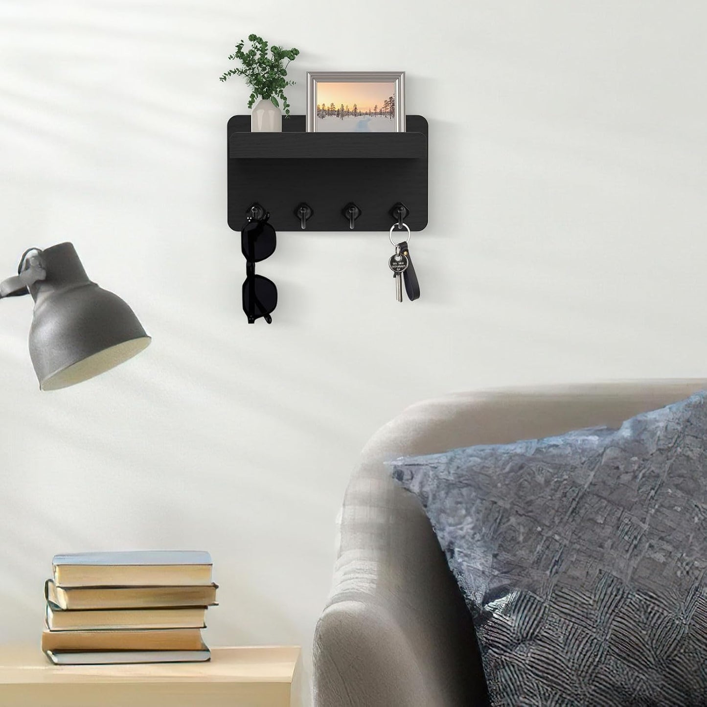 Nekon Key Holder Wall Mount, 8.5 Inch Small Wooden Wall Organizer, Black | Rustic Wall Shelf, Farmhouse Key and Mail Holder for Living Room Entryway Kitchen