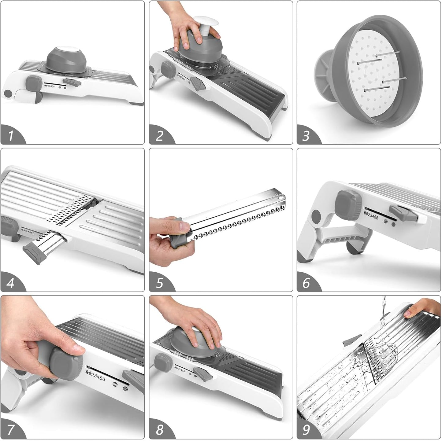 Mandoline Slicer for Kitchen, Adjustable Vegetable Potato Slicer | Stainless Steel Safe Mandolin Veggie Fruit Cutter with Food Holder, for Onion Cucumber Tomato Carrot, Grey