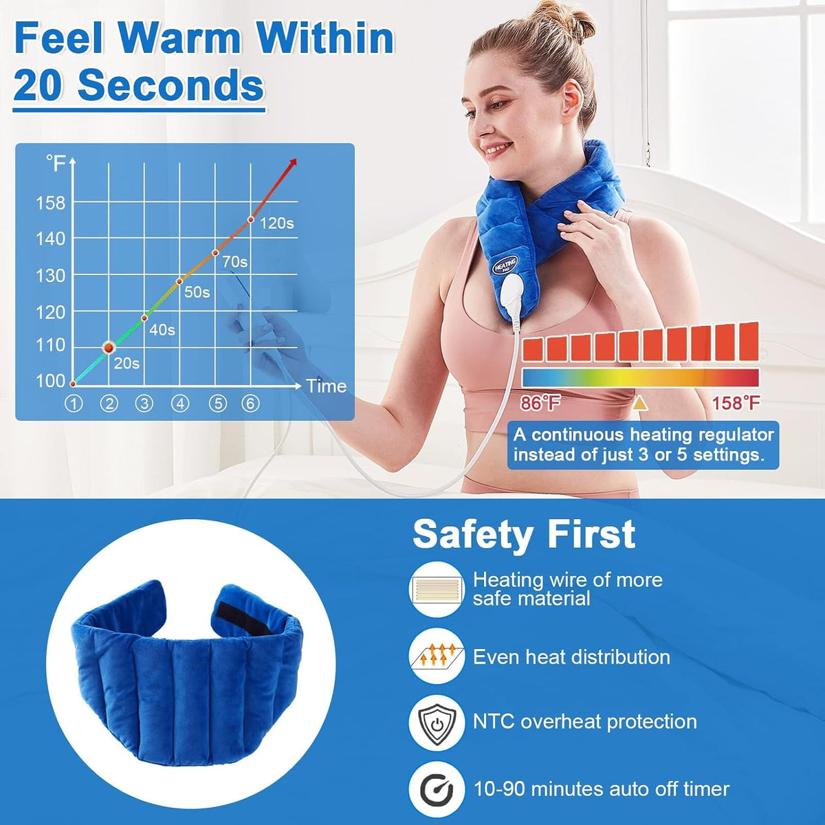 JOBYNA Heating Pad for Neck, Hands-Free Electric Heated Neck Wrap for Pain Relief, 29"×8'' Neck Heat Pad with 8.53ft Power Cord, Auto Shut Off,Size/Temperature/Time Adjustable（Navy）