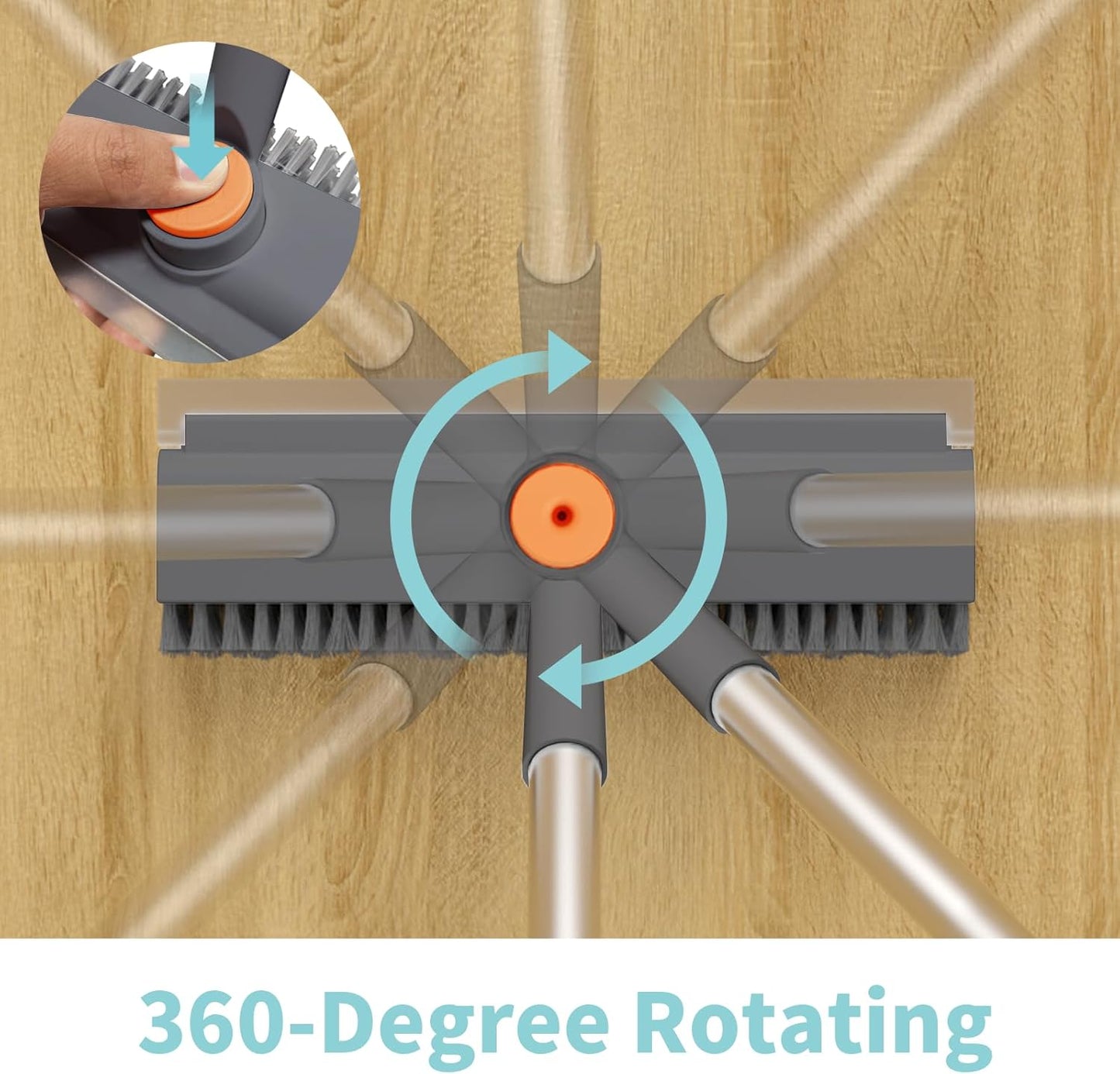 AIR U+ Floor Scrub Brush with Long Handle, 3-in-1 Rotating Head & Squeegee | Stiff Dual-Sided Bristle Scrubber for Shower, Bathroom, Kitchen and Patio, 30–50 In Handle for Easier Stand-up Cleaning
