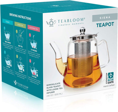 Teabloom Siena Borosilicate Glass Teapot – Stain-Free, Heatproof Tea Maker With Removable Loose Tea Infuser – 40 oz (4-5 Cups)
