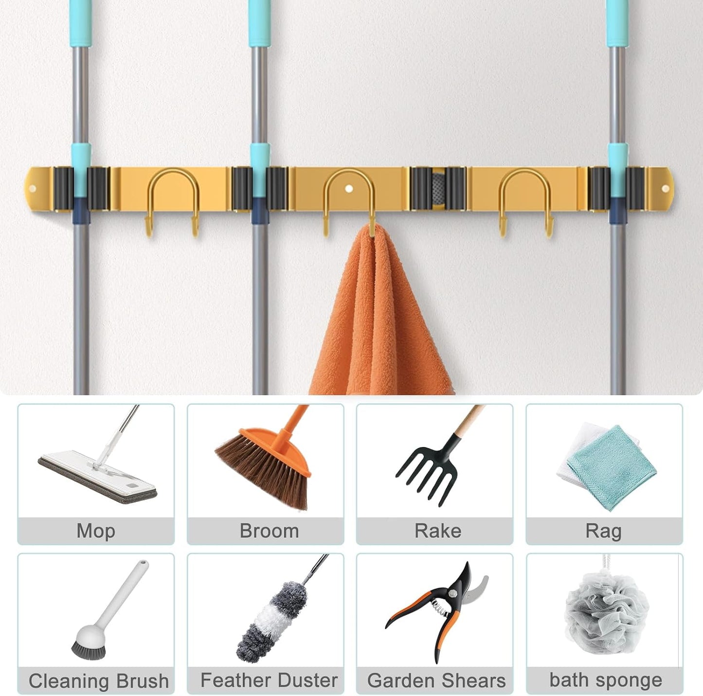 Mop Broom Holder Wall Mount, Gold Stainless Steel Tool Storage Organizer for Kitchen Garden Garage Laundry Room Bathroom and RV with 4 Slots 6 Hooks
