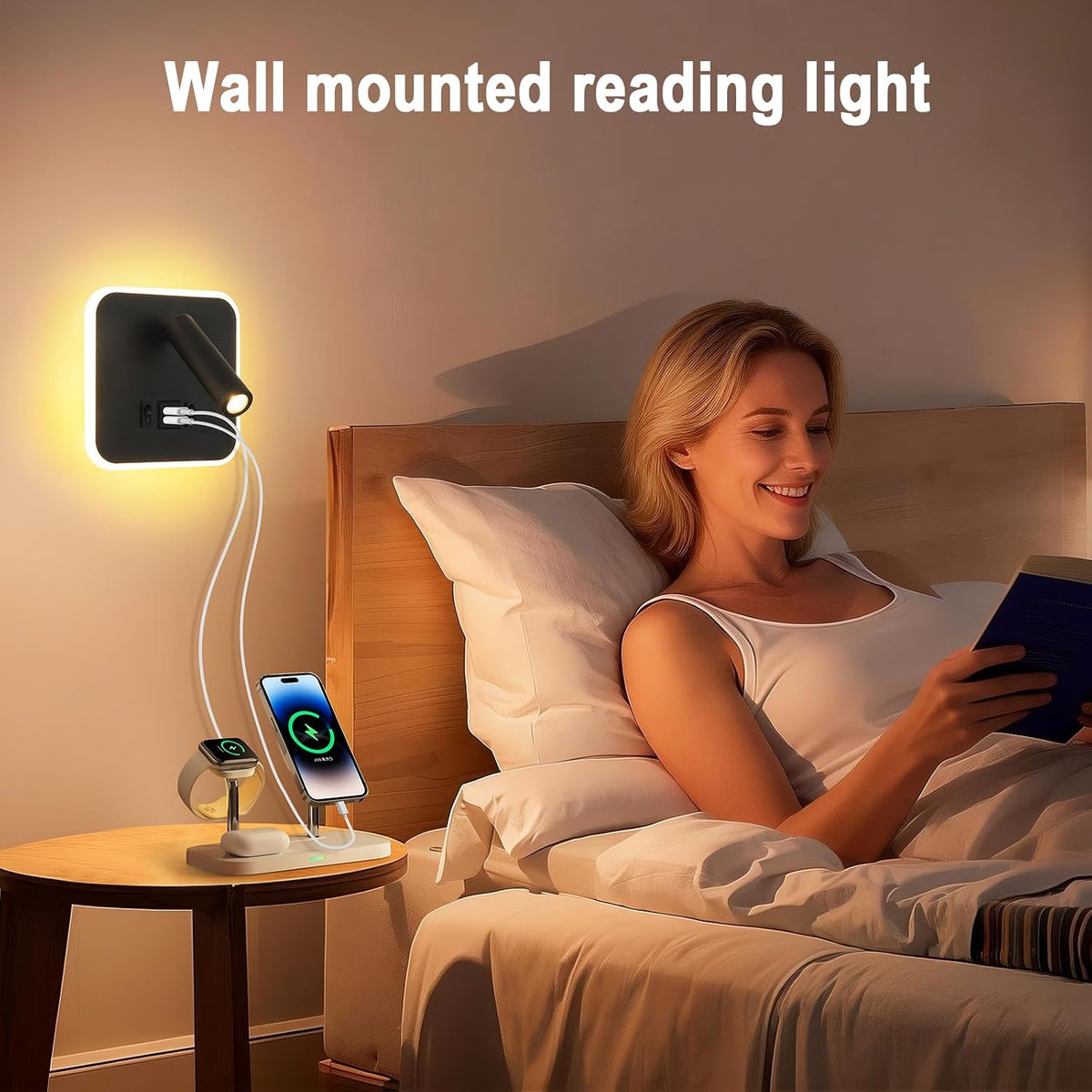 Wall Sconce Plug in with Wall Mounted Reading Lights,Modern Wall Lamp for Bedroom with Charging Station USB C+A Ports,Headboard Bedside Lamps with 3W+9W Night Light,3 Color Temperature