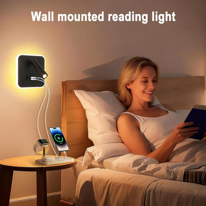 Wall Sconce Plug in with Wall Mounted Reading Lights,Modern Wall Lamp for Bedroom with Charging Station USB C+A Ports,Headboard Bedside Lamps with 3W+9W Night Light,3 Color Temperature