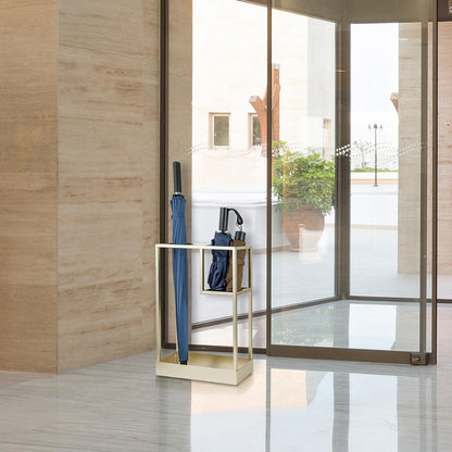 MyGift 20 Inch Brass Tone Metal Umbrella Stand with Drip Tray | Freestanding Rain Gear Storage - Long Short Umbrellas Canes Walking Sticks Entryway Lobby Office Floor Standing Drip Catcher