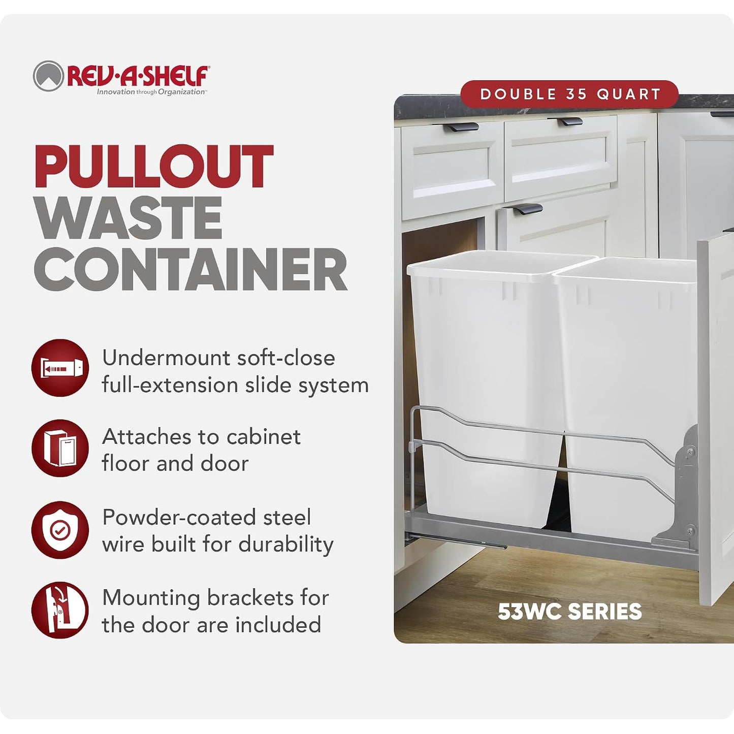 Rev-A-Shelf Double Pullout Trash Can w/Soft-Close Slides, 14.5" Min Opening | Large Capacity Garbage/ Recycling Waste Bins for Under Kitchen Cabinets, Heavy Gauge Wire Construction, 53WC-1835SCDM-211