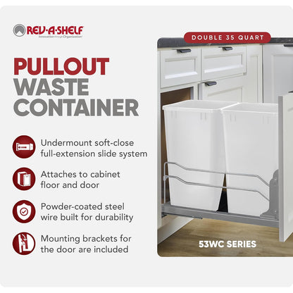 Rev-A-Shelf Double Pullout Trash Can w/Soft-Close Slides, 14.5" Min Opening | Large Capacity Garbage/ Recycling Waste Bins for Under Kitchen Cabinets, Heavy Gauge Wire Construction, 53WC-1835SCDM-211