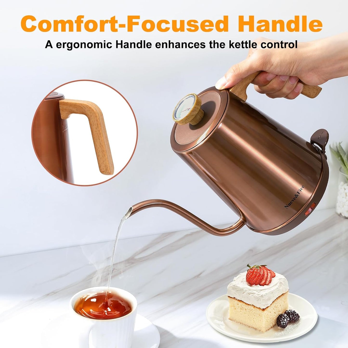 Nueve&Five Electric Gooseneck Kettle with Thermometer, 1.0L Pour Over Hot Water Kettle for Coffee and Tea, 1000W, Auto Shutoff, Boil-Dry Protection, Matte Black