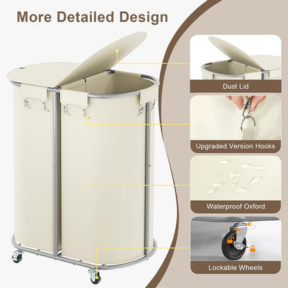 Laundry Hamper with Wheels and Lid, 100L Half Round Rolling Laundry Basket | Gasvadivum Sturdy Metal Frame Laundry Cart with Removable Bag, Dirty Clothes sorter Organizer for Bathroom, Bedroom, Black