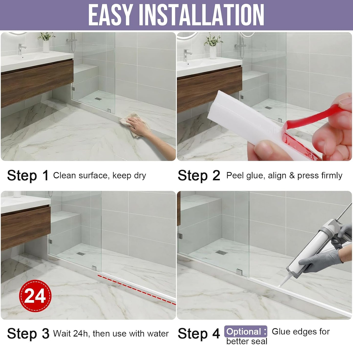 Shower Threshold Water Dam Barrier - Versatile, Silicone Shower Water Guard Stopper Seal Strip for Bathroom Floor, Bathtub Rim, Kitchen Countertop (White, 59 In/ 1.5M)