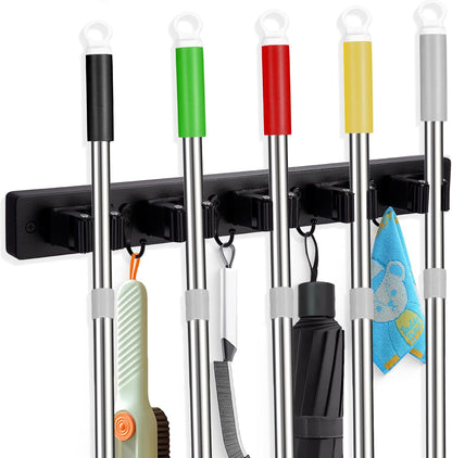 FunCee Broom Holder Wall Mount With 5 Slots & 4 Hooks，Rustic Wood Broom & Mop Hanger，Wall Mounted Garden & Garage Tool Storage Organizer Rack for Closet Laundry Room or Kitchen Wall Decor