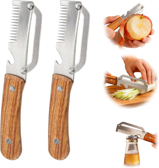 Vegetable Peeler, 3-in-1 Julienne Peeler with Wooden Handle and Bottle Opener, Multifunctional Kitchen Tool for Potato Carrot Cucumber Pumpkin Squash Fruit(2 Pack)