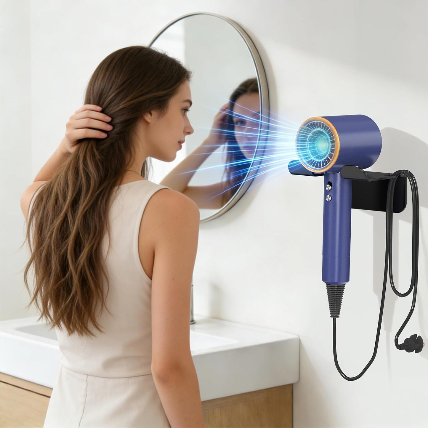 YIGII Hair Dryer Holder Wall Mounted Self Adhesive No Drill with Cord Organizer, Stainless Steel Storage for Bathroom Vanity Cabinet