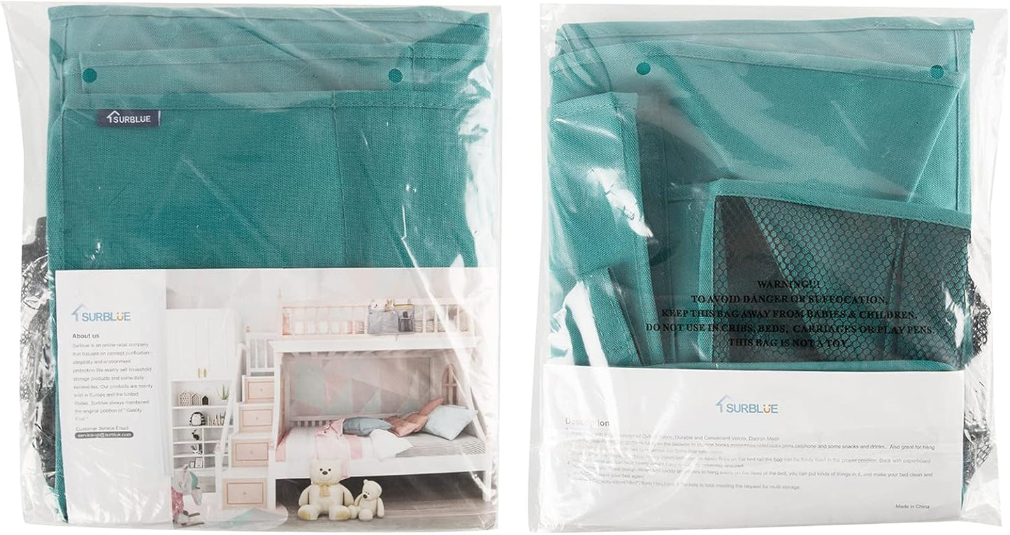 Surblue Bedside Caddy Hanging Organizer Storage Bag Pocket for Bunk, Hospital, College Dorm Rooms, Baby Bed Rails, Camp - 4 Pockets, 2 Hooks (Blue)