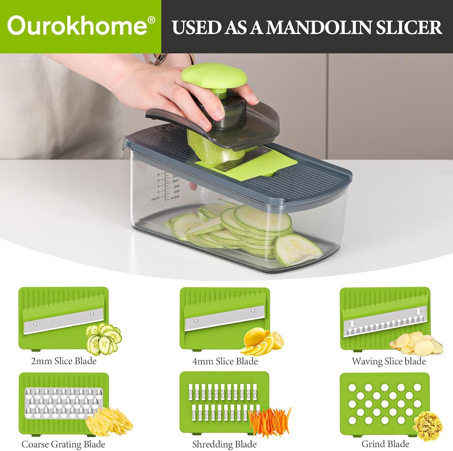 Ourokhome Mandolin Slicer for Kitchen Food, Hand Safe Vegetable Shredder with 6 Mandoline Blades, Veggie Waffle Cutter for Potato, Carrot, Zucchini, Onion, Essential Kitchen Gadgets (6 in 1, Gray)