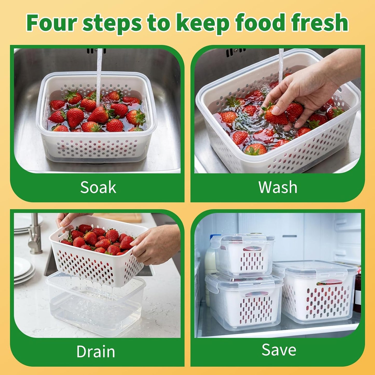 Fruit Storage Containers for Fridge with Removable Colander, 3-Pack Strawberry Containers for Fridge Containers with Lids, Organizers and Storage Keep Strawberries Fresh Twice as Long