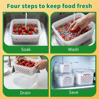 Fruit Storage Containers for Fridge with Removable Colander, 3-Pack Strawberry Containers for Fridge Containers with Lids, Organizers and Storage Keep Strawberries Fresh Twice as Long