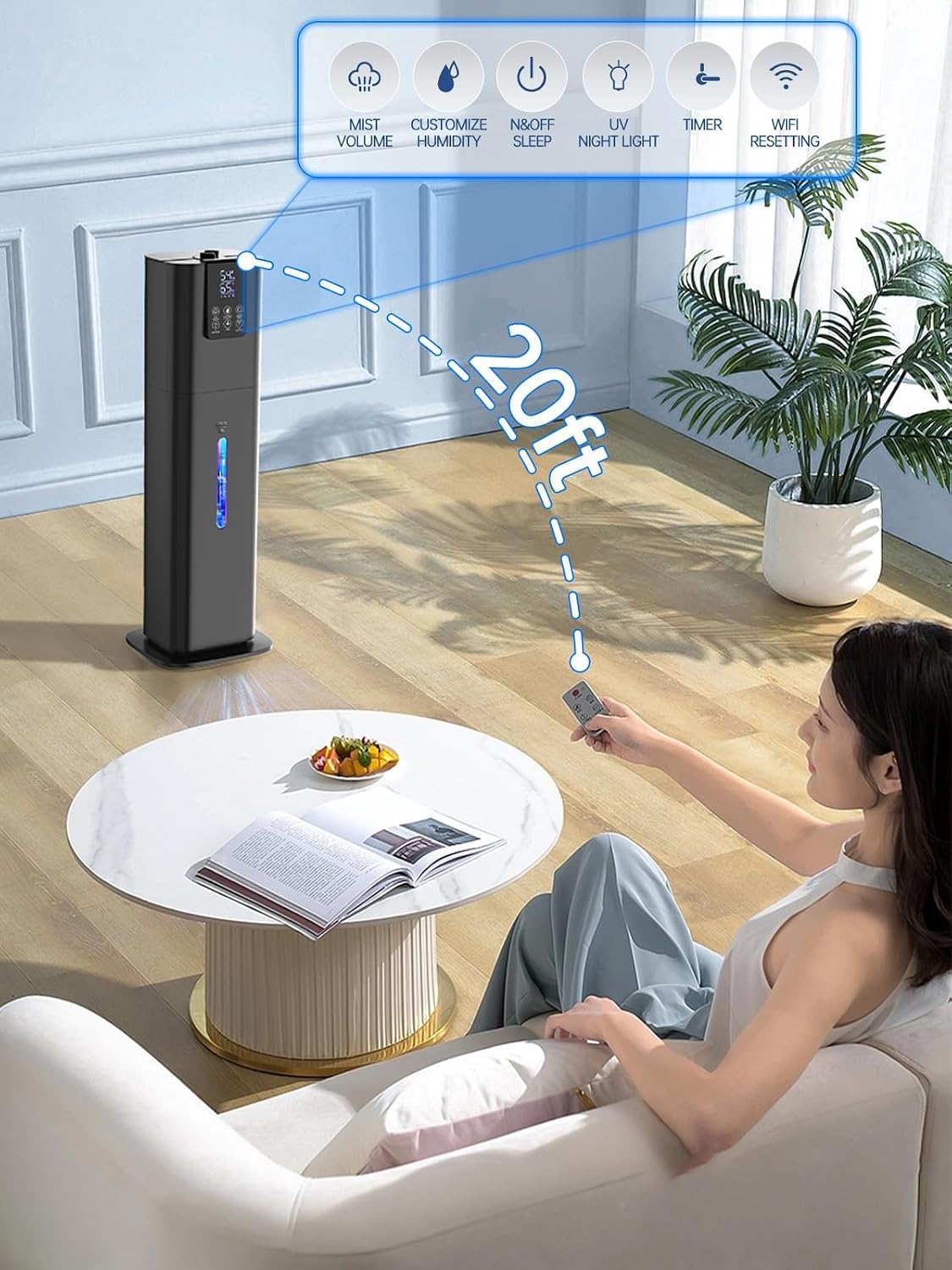 8L Smart Humidifiers for Bedroom Large Room, 2.1Gal Cool Mist Top Fill Diffuser Ambient Light, App & Remote Control, 3 Mist Modes, Quiet Humidifier for Home Office Plant