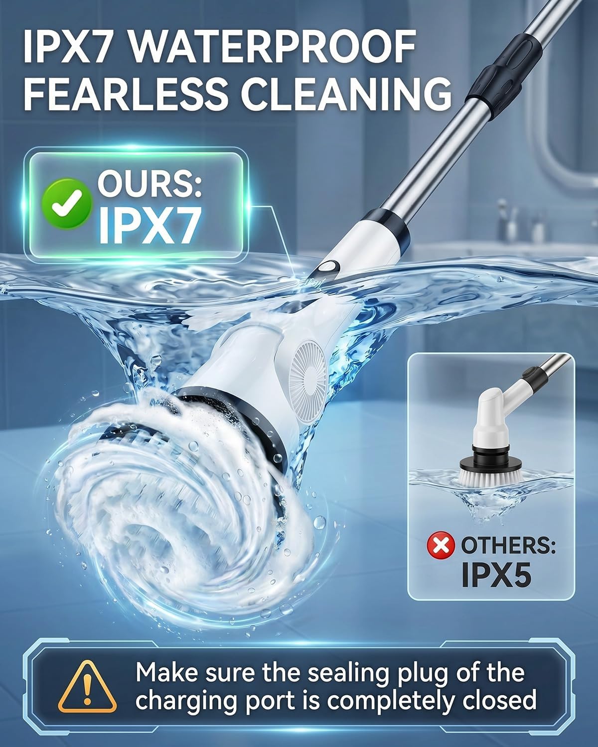 Electric Spin Scrubber, 3-Speed Shower Scrubber with Long Handle & 10 Replaceable Brush Heads, Cordless Full-Body IPX7 Waterproof Shower Cleaner Brush with 90 Mins Runtime for Bathroom