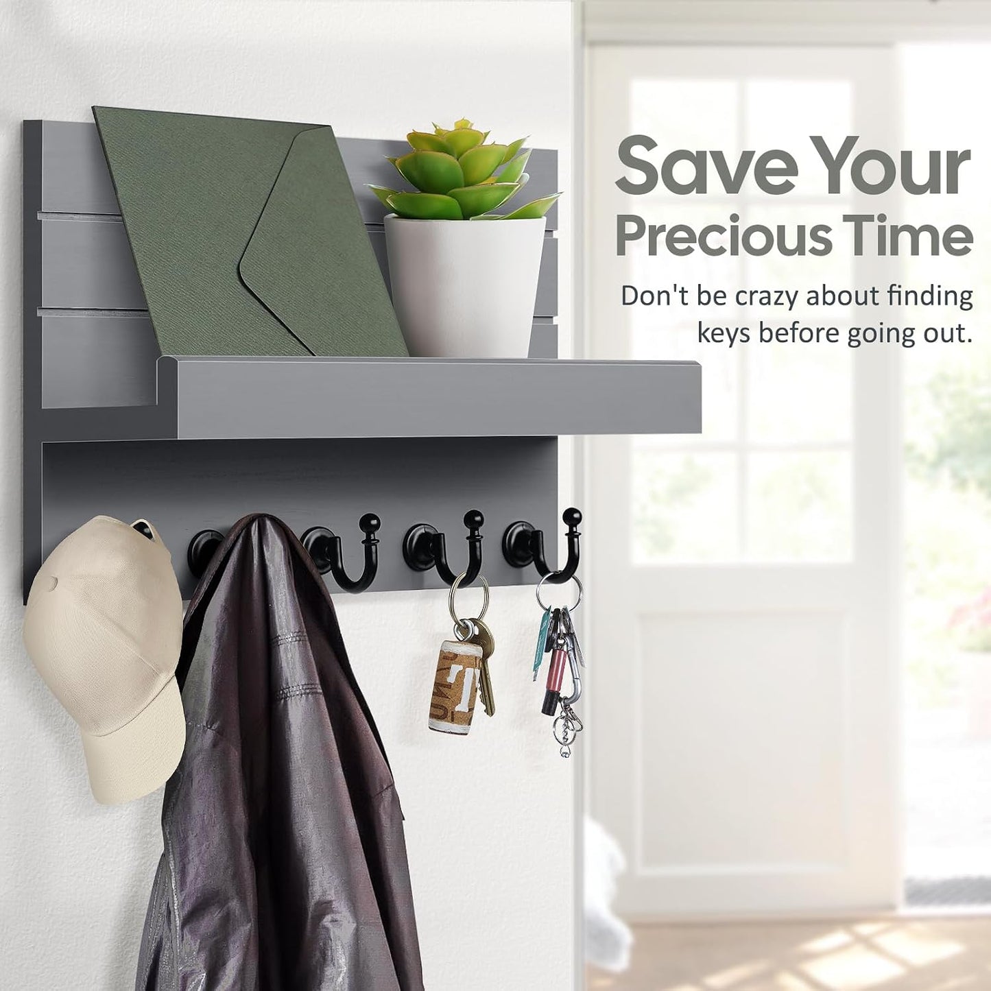 HONJIN Key Holder Wall Mount with Shelf and 5 Sturdy Key Hooks (White) | Key and Mail Holder Wall Mount, Wooden Entryway Organizer and Decorative, Easy Installation, 10*3.8*6.85 Inch