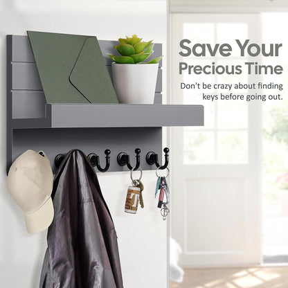 HONJIN Key Holder Wall Mount with Shelf and 5 Sturdy Key Hooks (White) | Key and Mail Holder Wall Mount, Wooden Entryway Organizer and Decorative, Easy Installation, 10*3.8*6.85 Inch