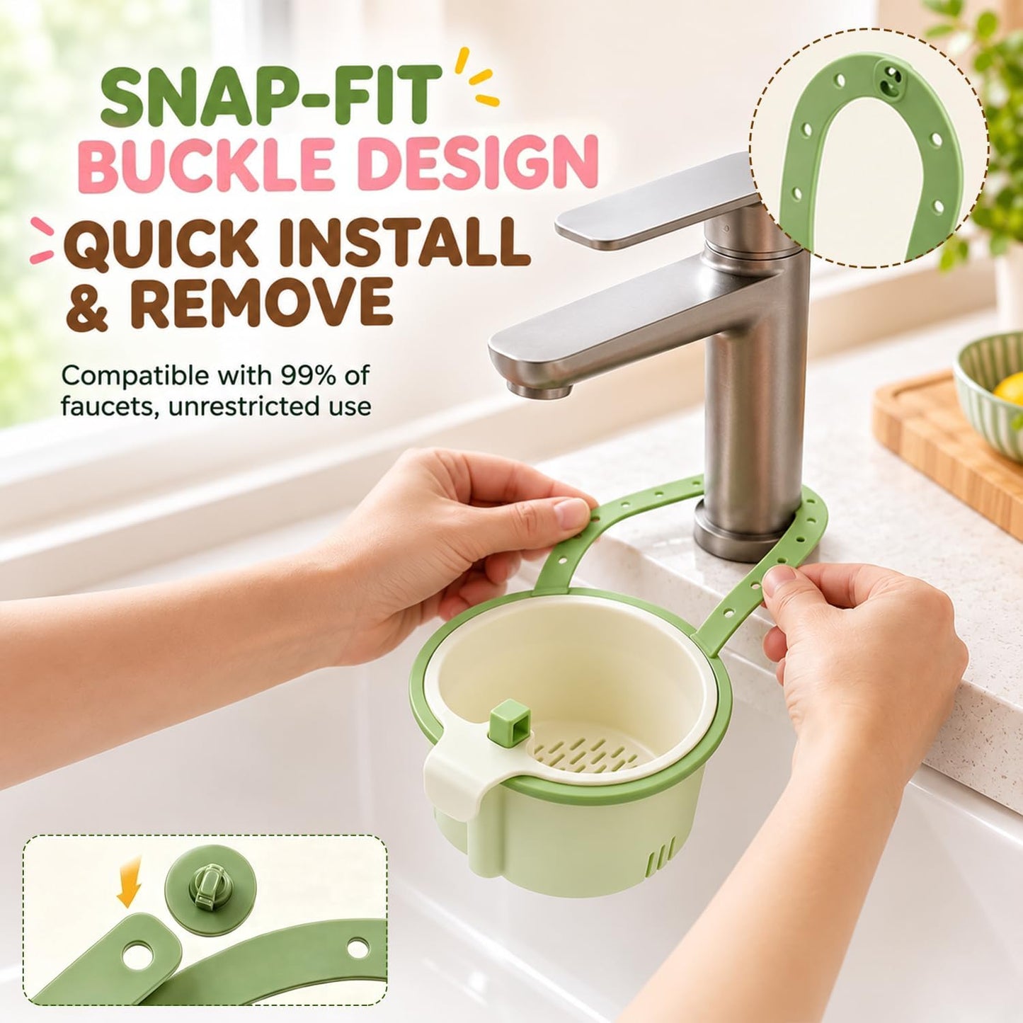 Sink Filter Basket, Kitchen Sink Strainer Basket with Self-Cleaning & One-Touch Press, Hanging Sink Drain Basket for Draining, Washing, Storage, 5.7x5.1x3.5 Inches (Green)