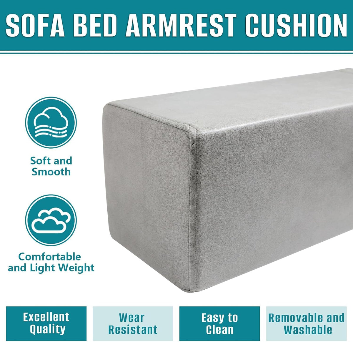 2 Pack Couch Arm Rest Pillow, 6''x6''x20'' Faux Leather Waterproof Cover, High Density Foam Armrest Cushion, Removable & Washable Elbow Support for Sofa, Bed, and Armchair (Medium Grey)